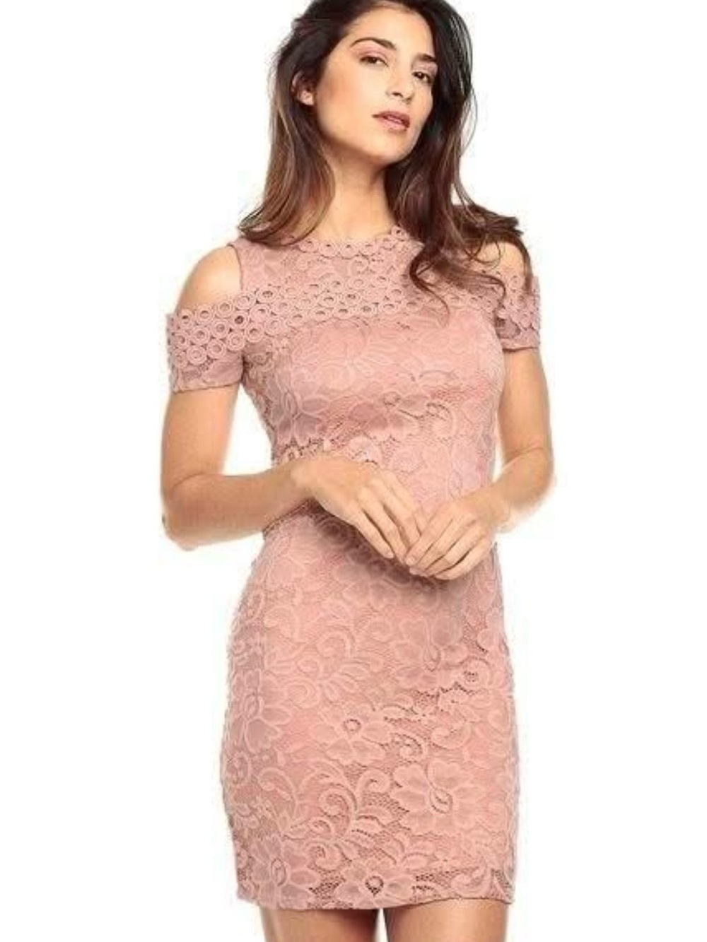 Ambiance Women’s Bodycon Floral Lace Dress Cold Shoulder Blush Pink Size M